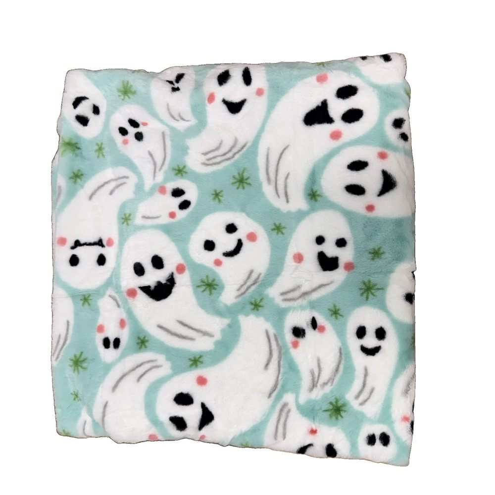 NWOT Isaac Mizrahi Halloween Mint Green Throw Blanket 50x70 Faux Fur Ghosts
